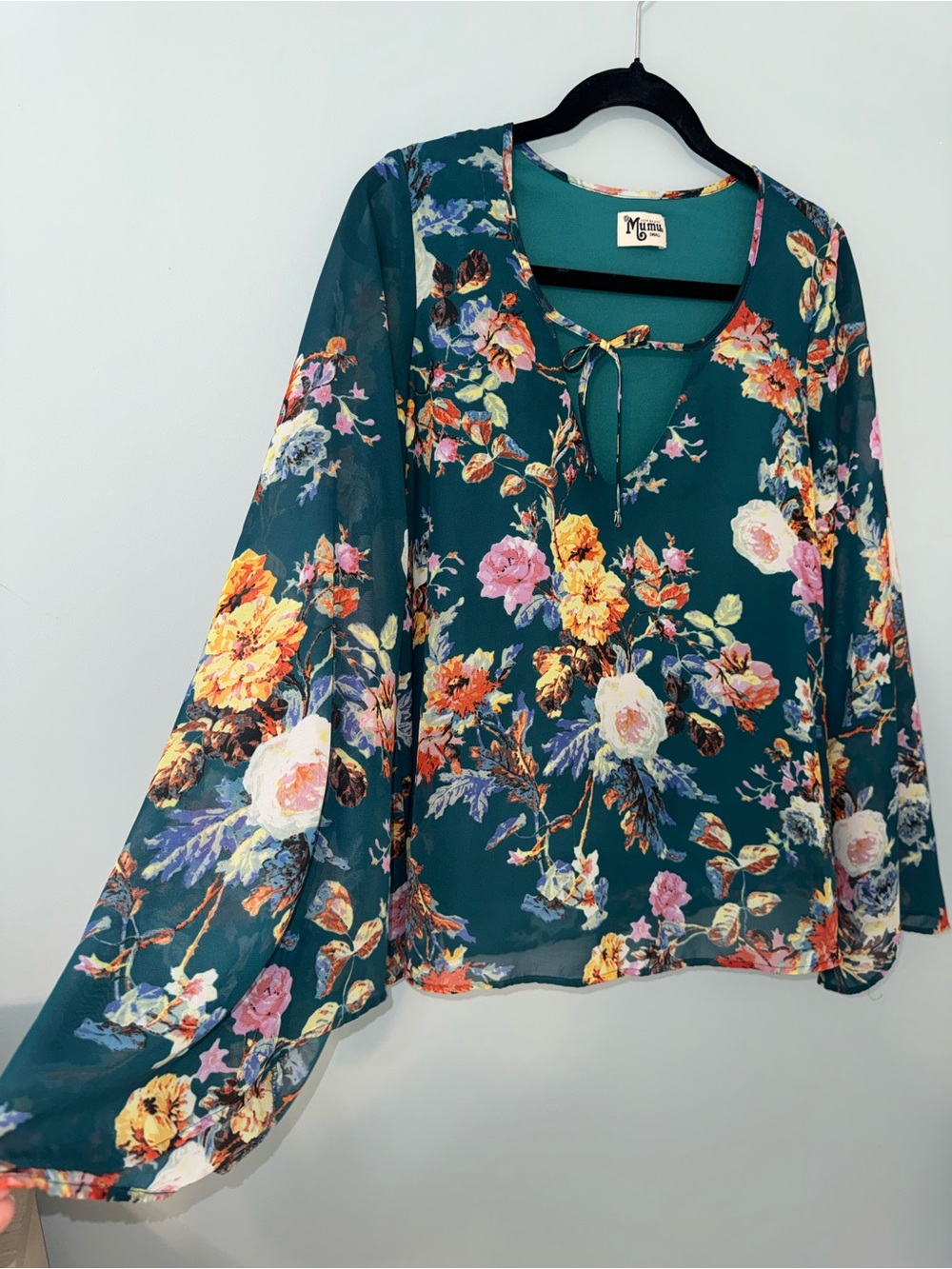 Show Me Your Mumu teal floral print bell sleeve top with tie neck detail - Picture 4 of 9